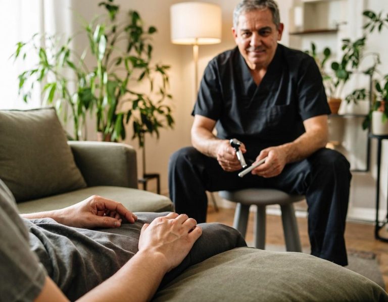 A therapist sits across from a client, discussing in a comfortable, plant-filled room.