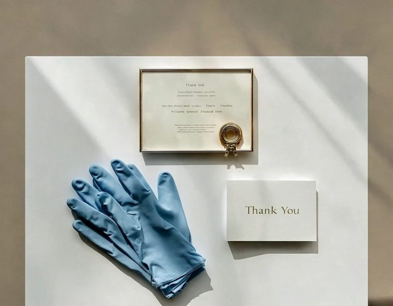 Blue gloves, a thank you card, and a framed note on a light surface. Ear Wax Removal Dorset